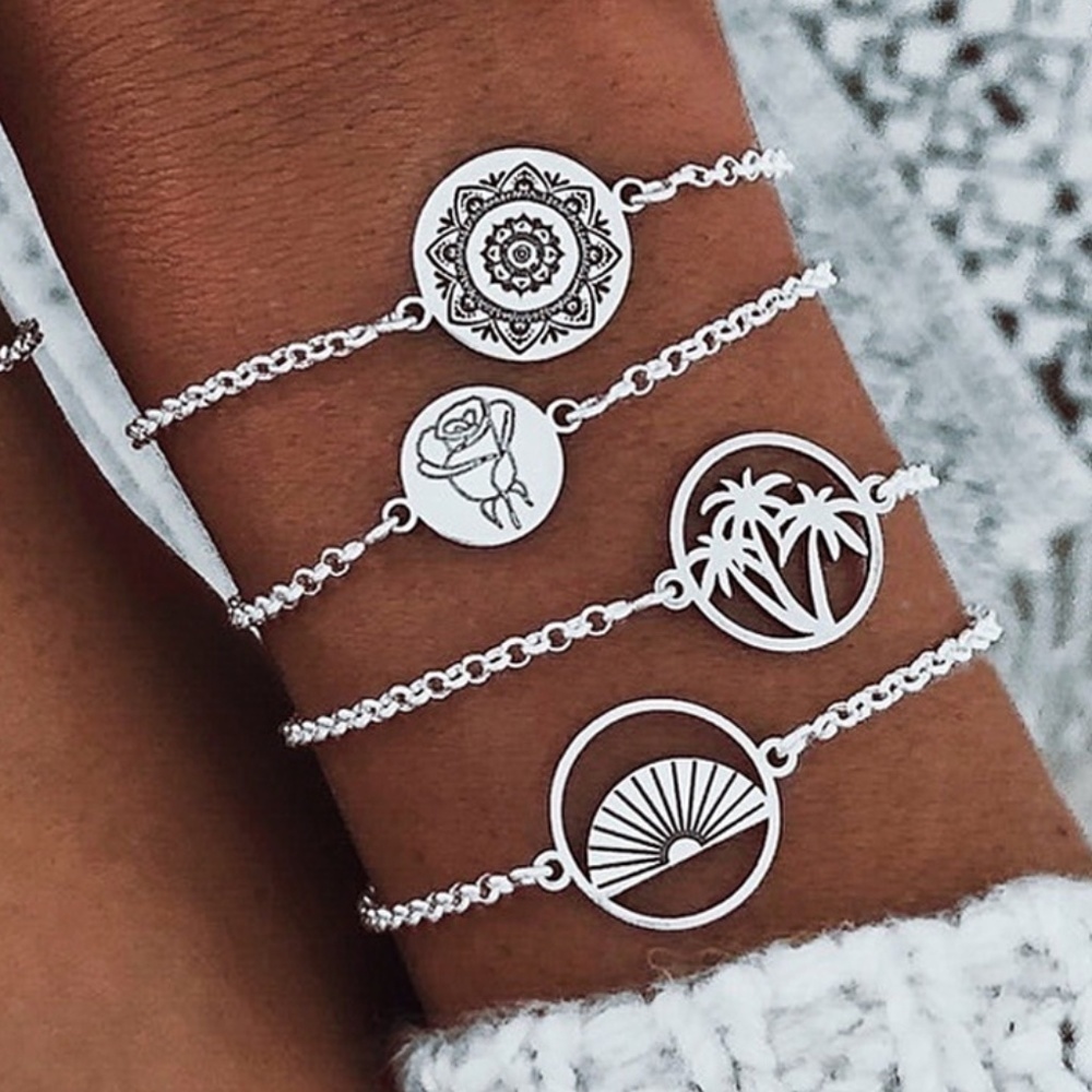 *HARMONI* 4-Pc Silver Rose Pendant Bracelet Set